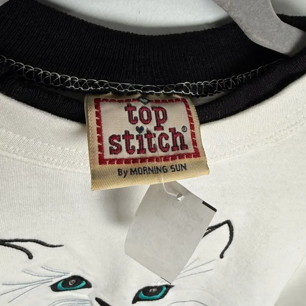 Vintage 80’s 90’s Top Stitch‎ Embroidered Cat  Kawaii Girlhood Grandmacore